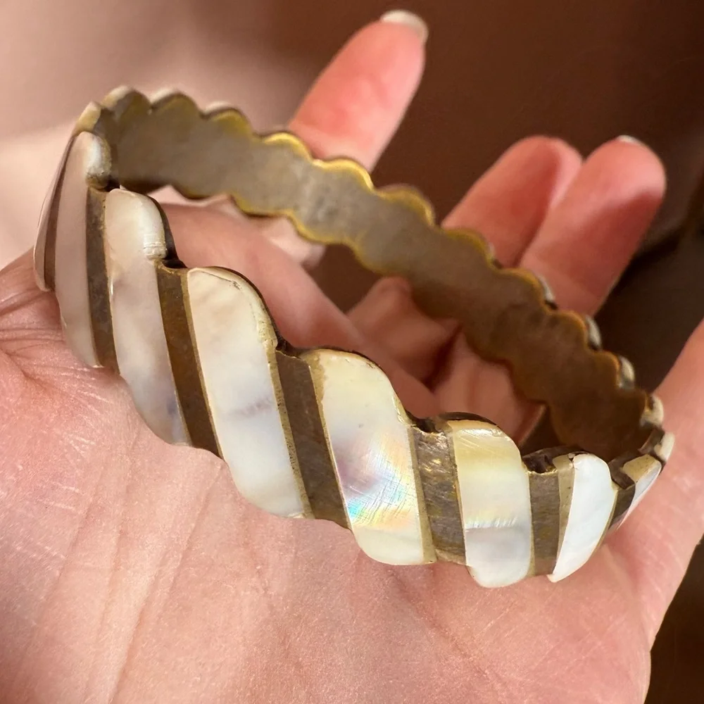 Vintage Mother of pearl brass scalloped art deco wide bangle bracelet